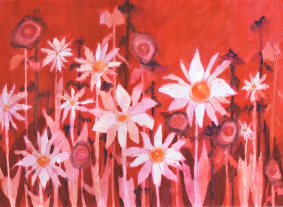"Red Field Daisies" before gouache background added